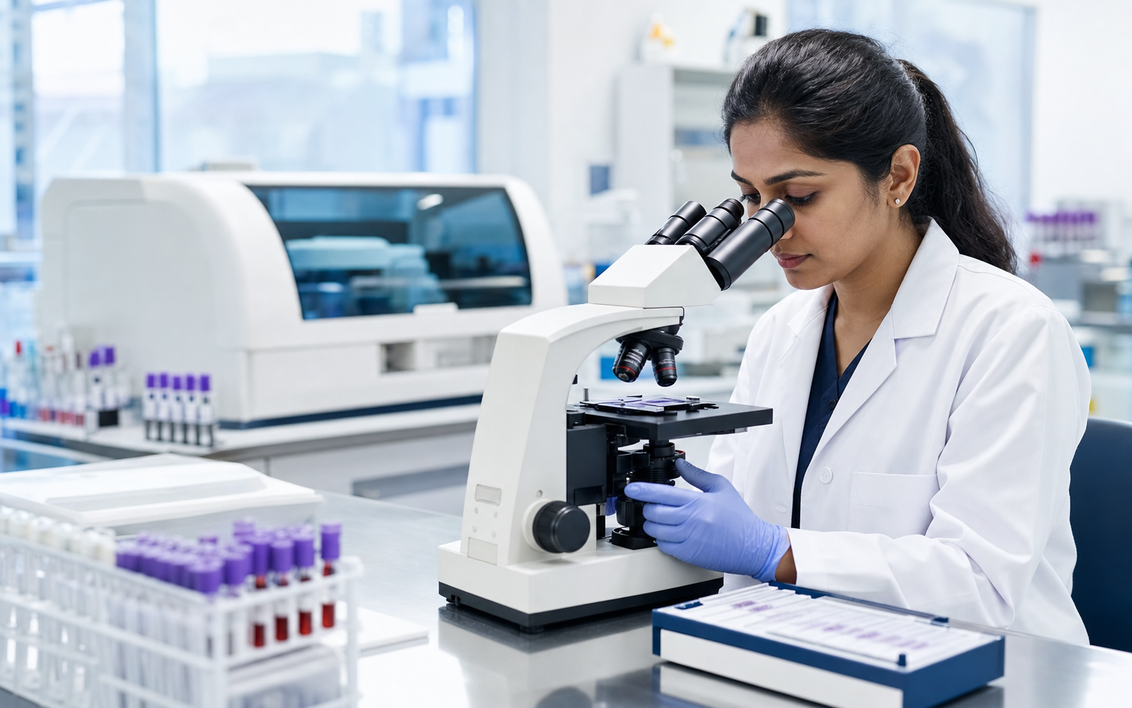 Pathologist using a microscope in the Narula Diagnostics laboratory